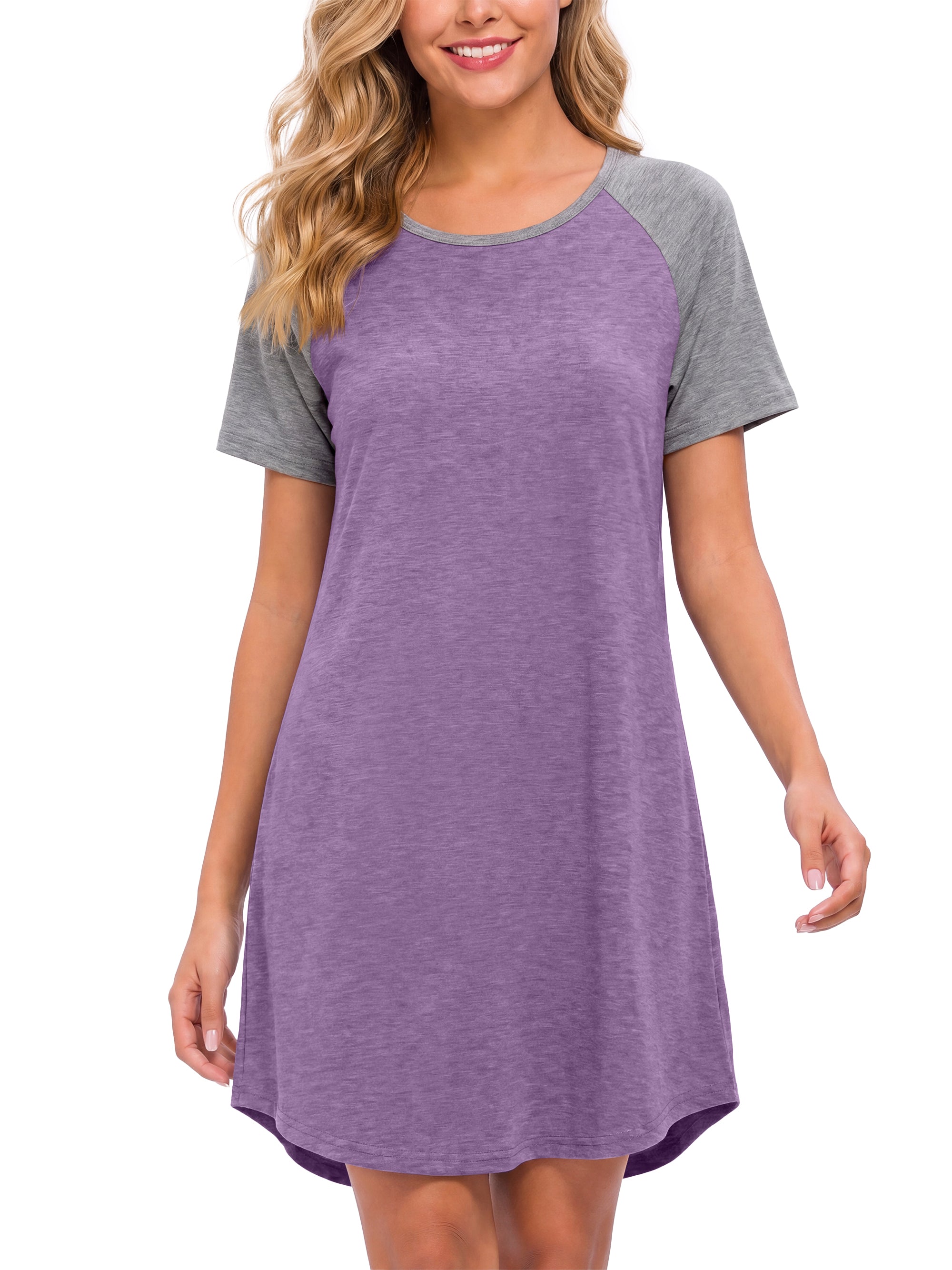 Weekease Nightgowns for Women Short Sleeve Crew Neck Sleepdresses Oversize Sleepshirt Color Block Nightdresses