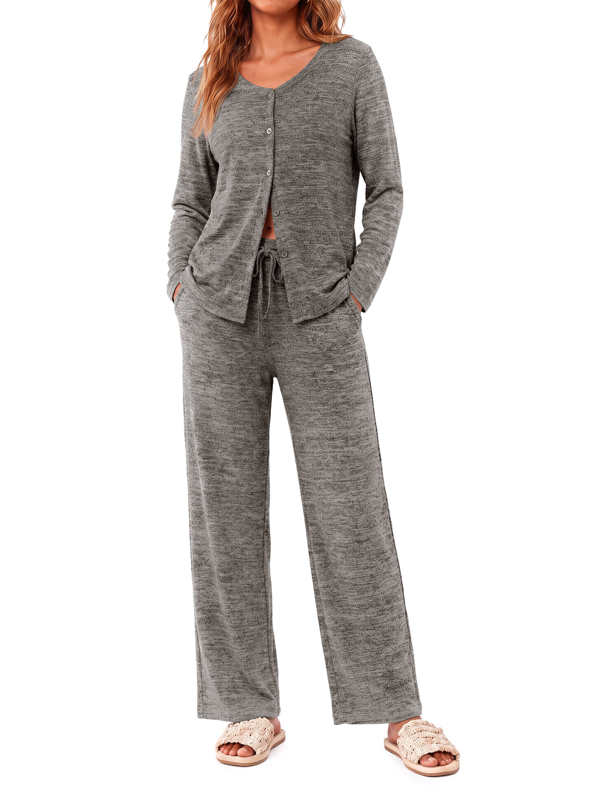 Weekease Two Piece Pajama Sets for Woman V Neck Button Up Tops Drawstring Pants Casual Lounge Set with Pockets