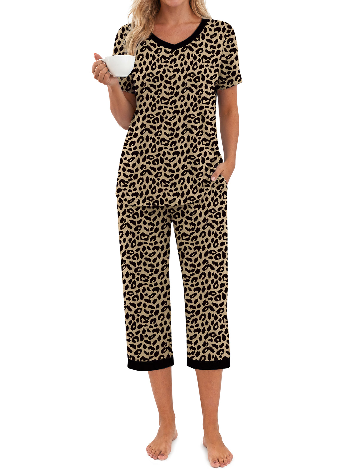 Weekease Printed Two Piece Pajama Sets for Women V Neck Short Sleeve Tops and Capri Casual Summer Sleepwear