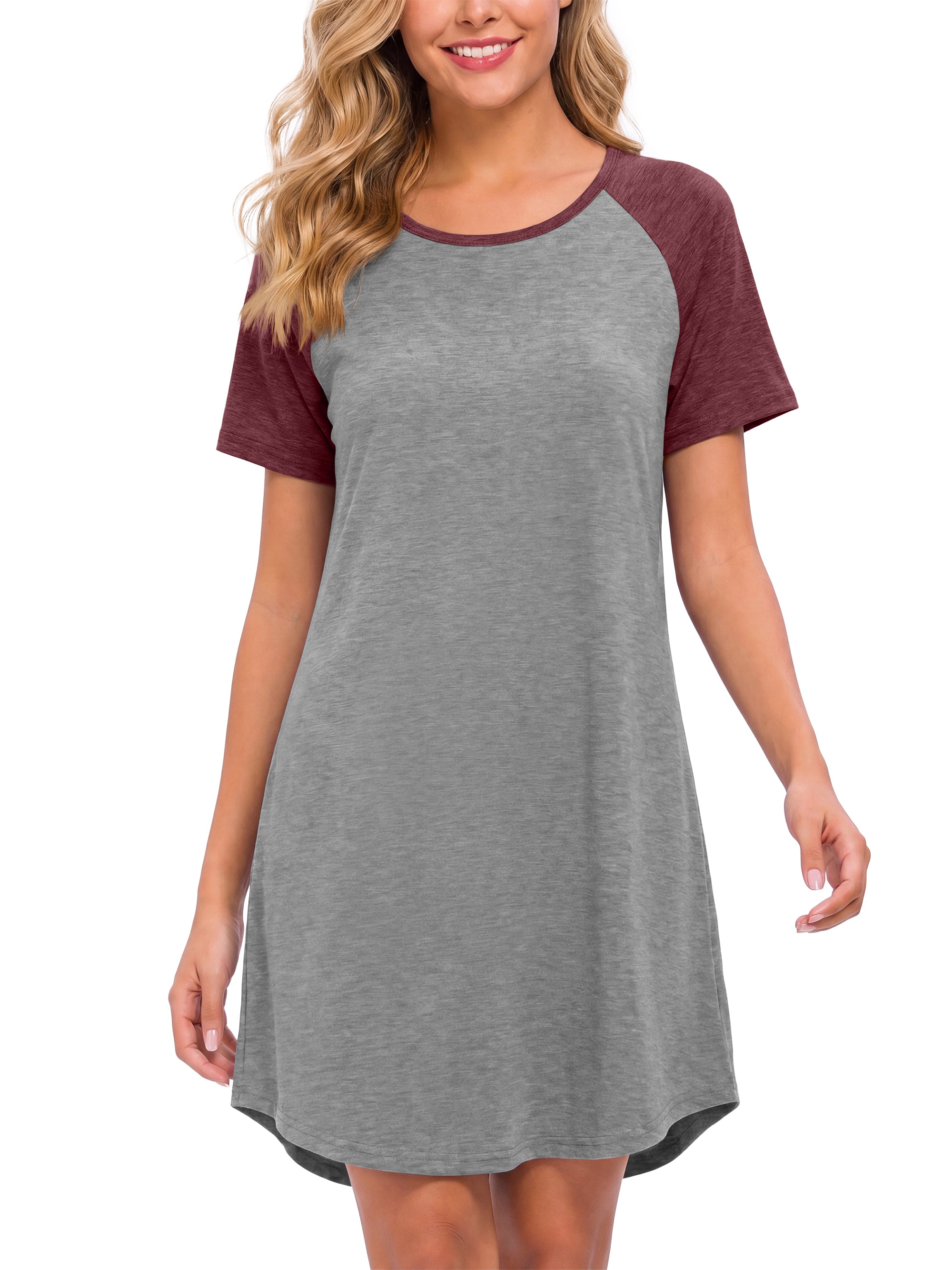 Weekease Nightgowns for Women Short Sleeve Crew Neck Sleepdresses Oversize Sleepshirt Color Block Nightdresses