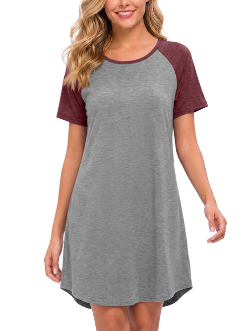 Weekease Nightgowns for Women Short Sleeve Crew Neck Sleepdresses Oversize Sleepshirt Color Block Nightdresses
