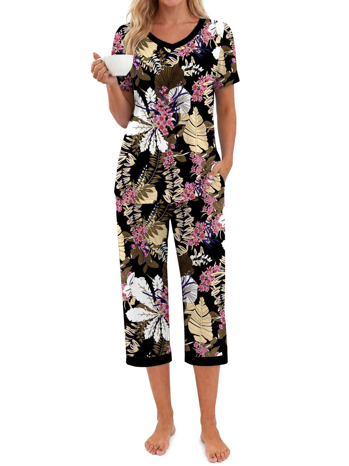 Weekease Printed Two Piece Pajama Sets for Women V Neck Short Sleeve Tops and Capri Casual Summer Sleepwear