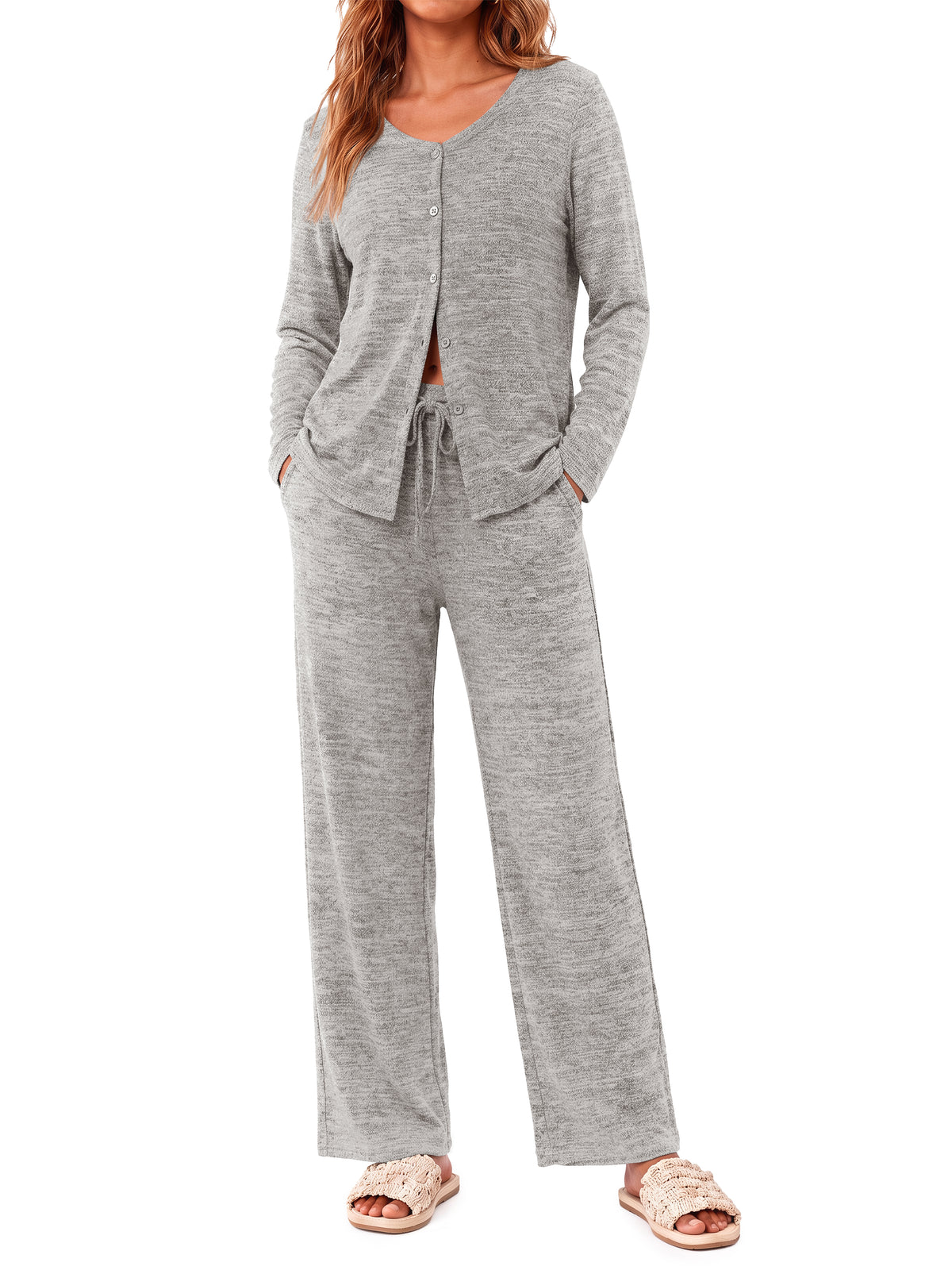 Weekease Two Piece Pajama Sets for Woman V Neck Button Up Tops Drawstring Pants Casual Lounge Set with Pockets