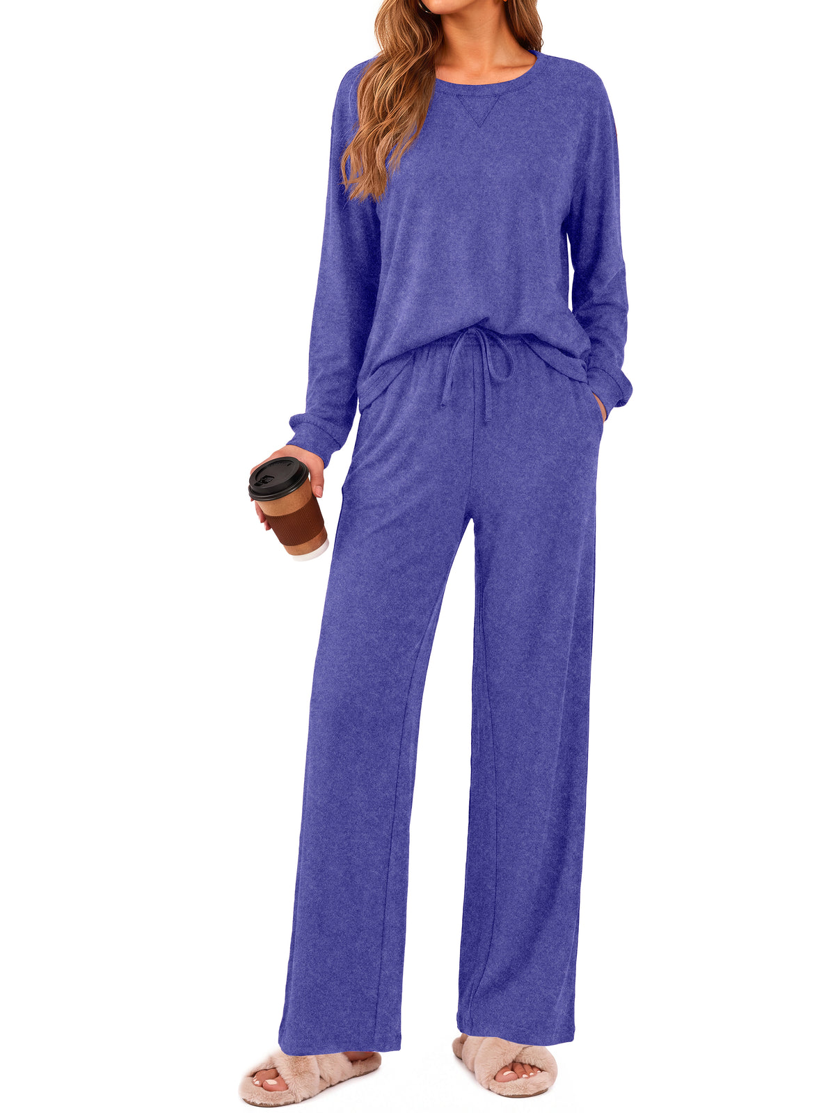 Weekease 2 Piece Pajama Set for Women Crew Neck Long Sleeve Tops Drawstring Pants Casual Sleepwear Fall Nightwear