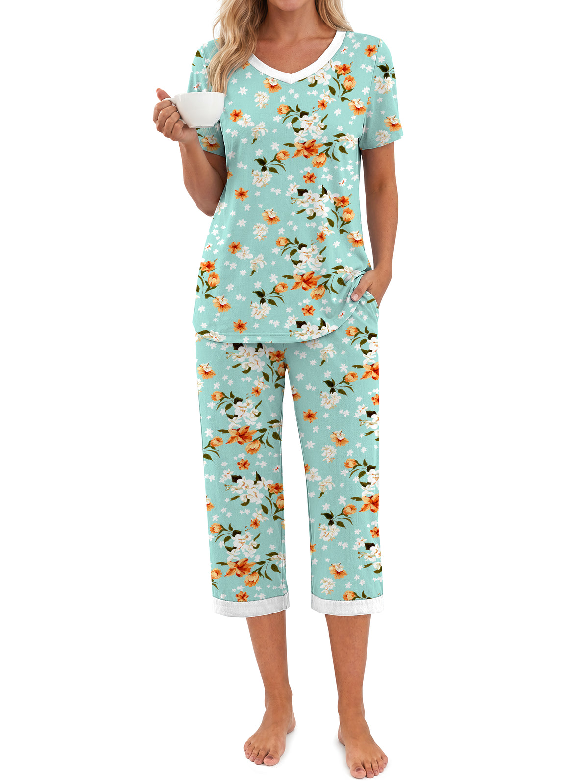 Weekease Printed Two Piece Pajama Sets for Women V Neck Short Sleeve Tops and Capri Casual Summer Sleepwear