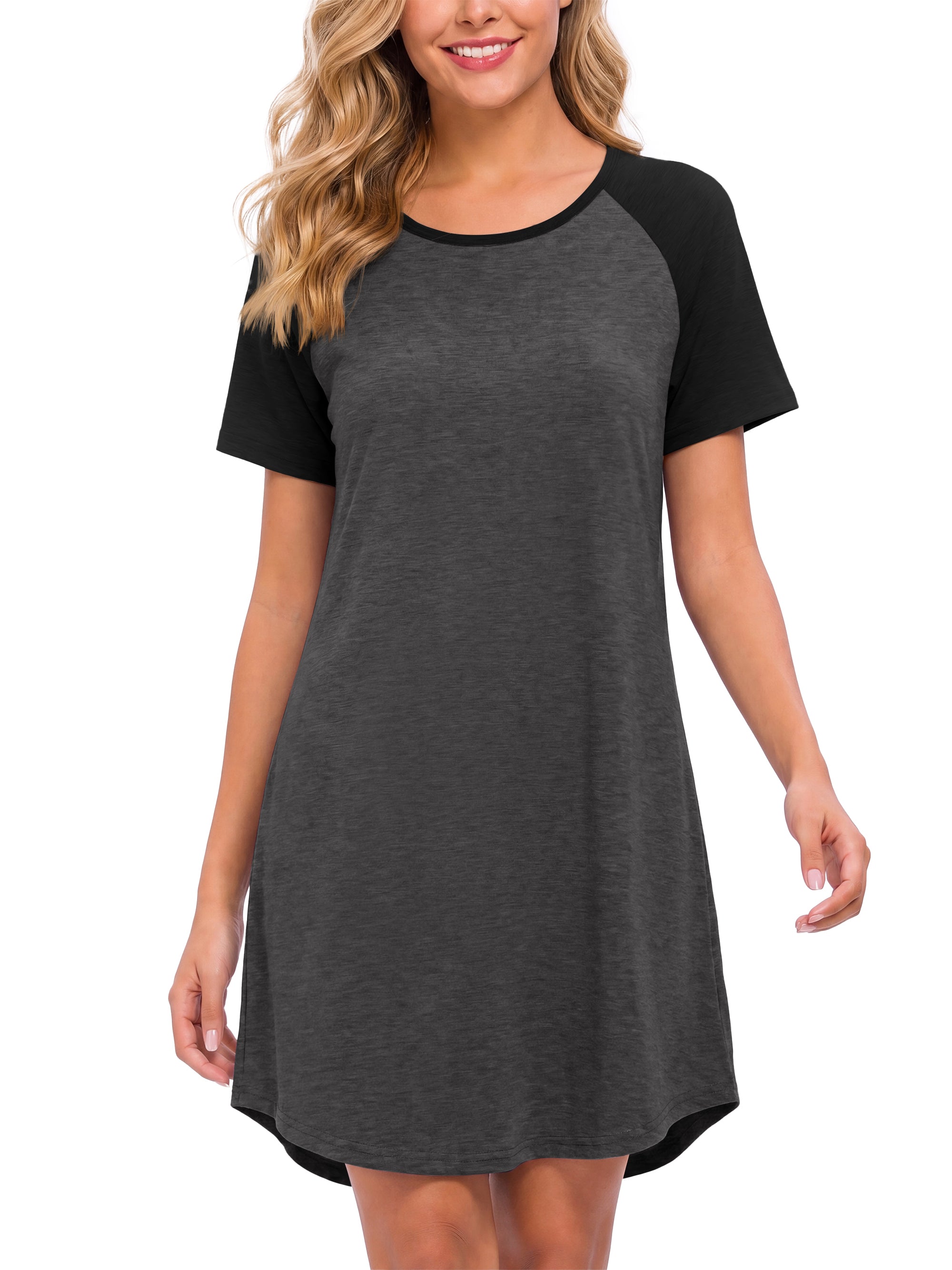 Weekease Nightgowns for Women Short Sleeve Crew Neck Sleepdresses Oversize Sleepshirt Color Block Nightdresses