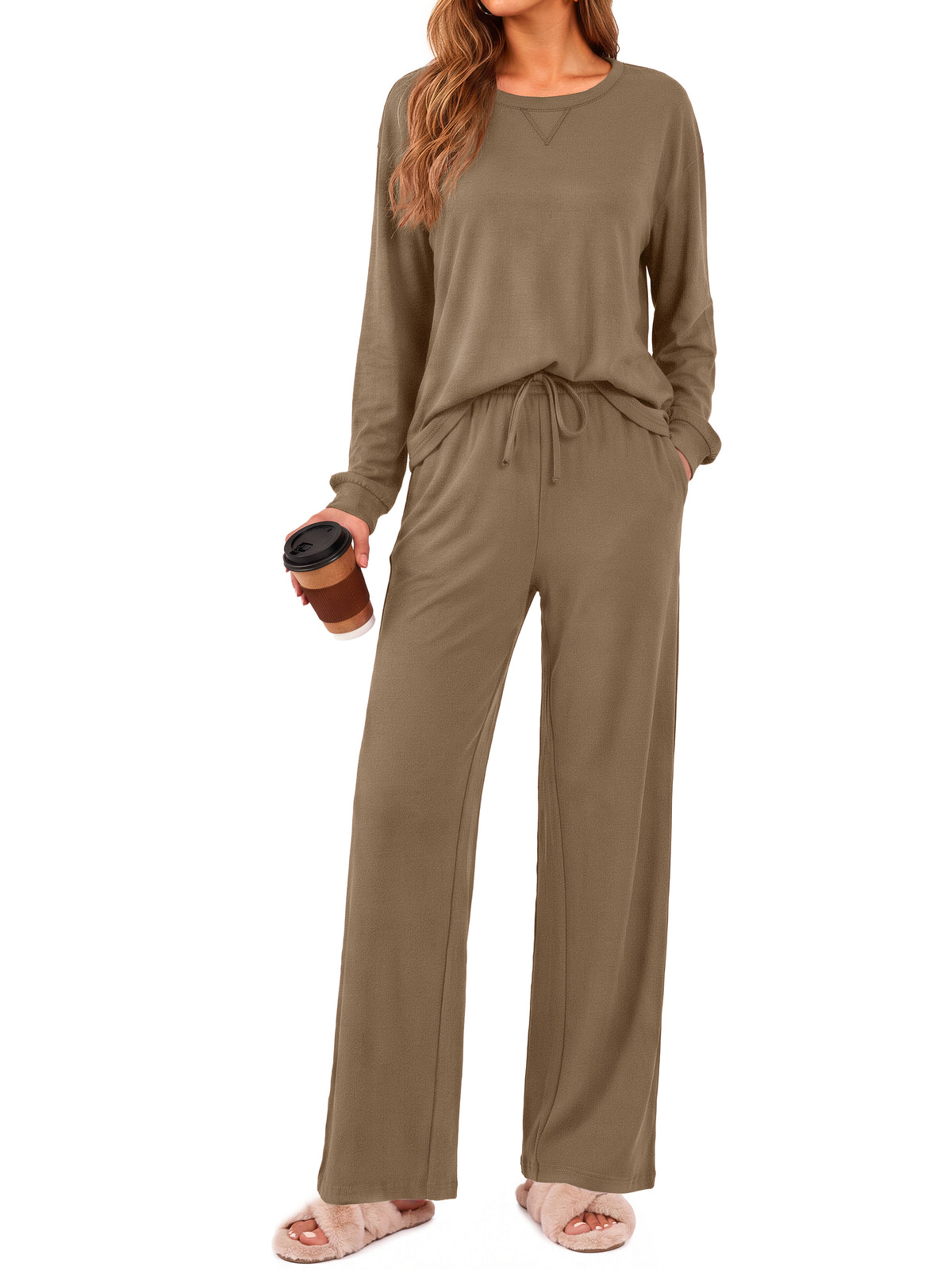 Weekease 2 Piece Pajama Set for Women Crew Neck Long Sleeve Tops Drawstring Pants Casual Sleepwear Fall Nightwear