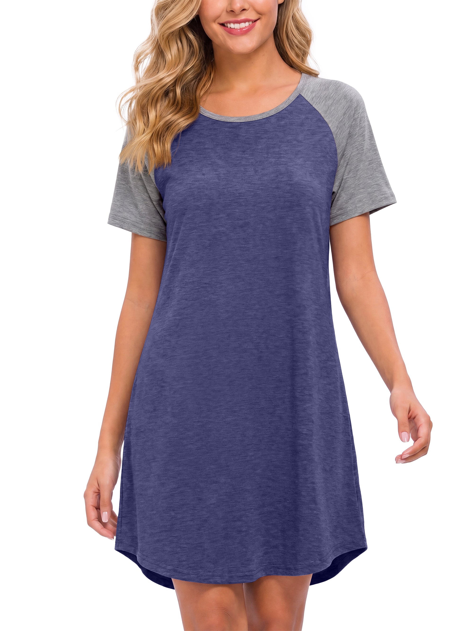 Weekease Nightgowns for Women Short Sleeve Crew Neck Sleepdresses Oversize Sleepshirt Color Block Nightdresses