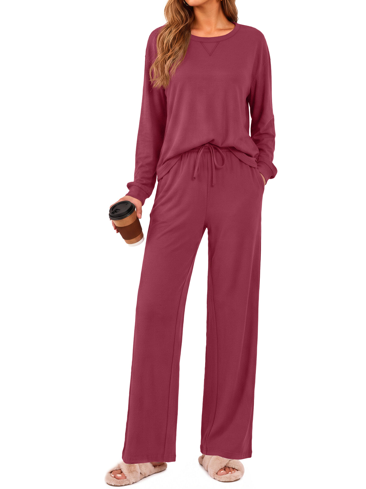 Weekease 2 Piece Pajama Set for Women Crew Neck Long Sleeve Tops Drawstring Pants Casual Sleepwear Fall Nightwear