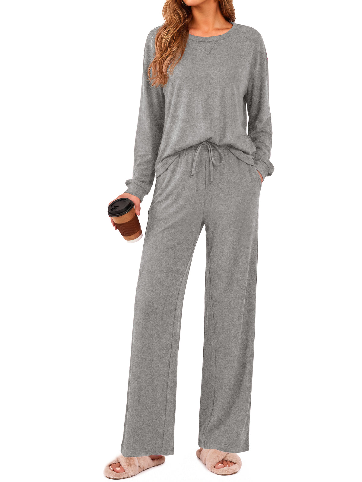 Weekease 2 Piece Pajama Set for Women Crew Neck Long Sleeve Tops Drawstring Pants Casual Sleepwear Fall Nightwear