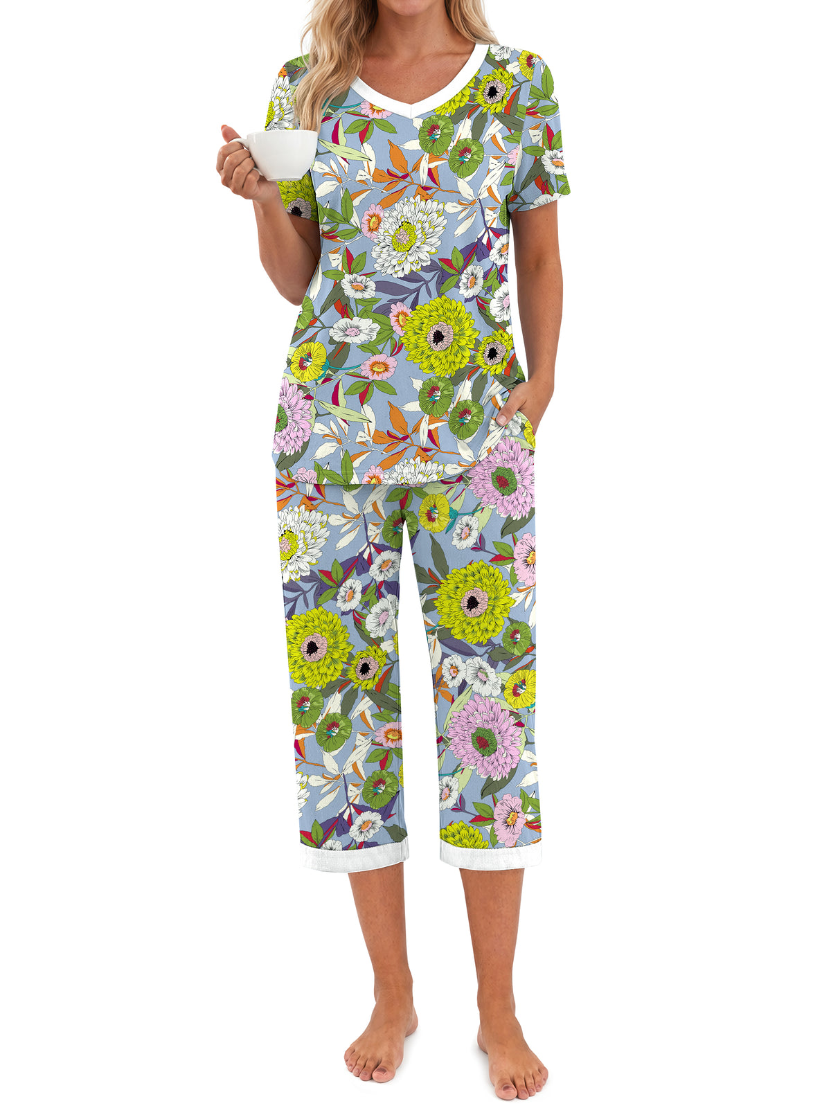 Weekease Printed Two Piece Pajama Sets for Women V Neck Short Sleeve Tops and Capri Casual Summer Sleepwear