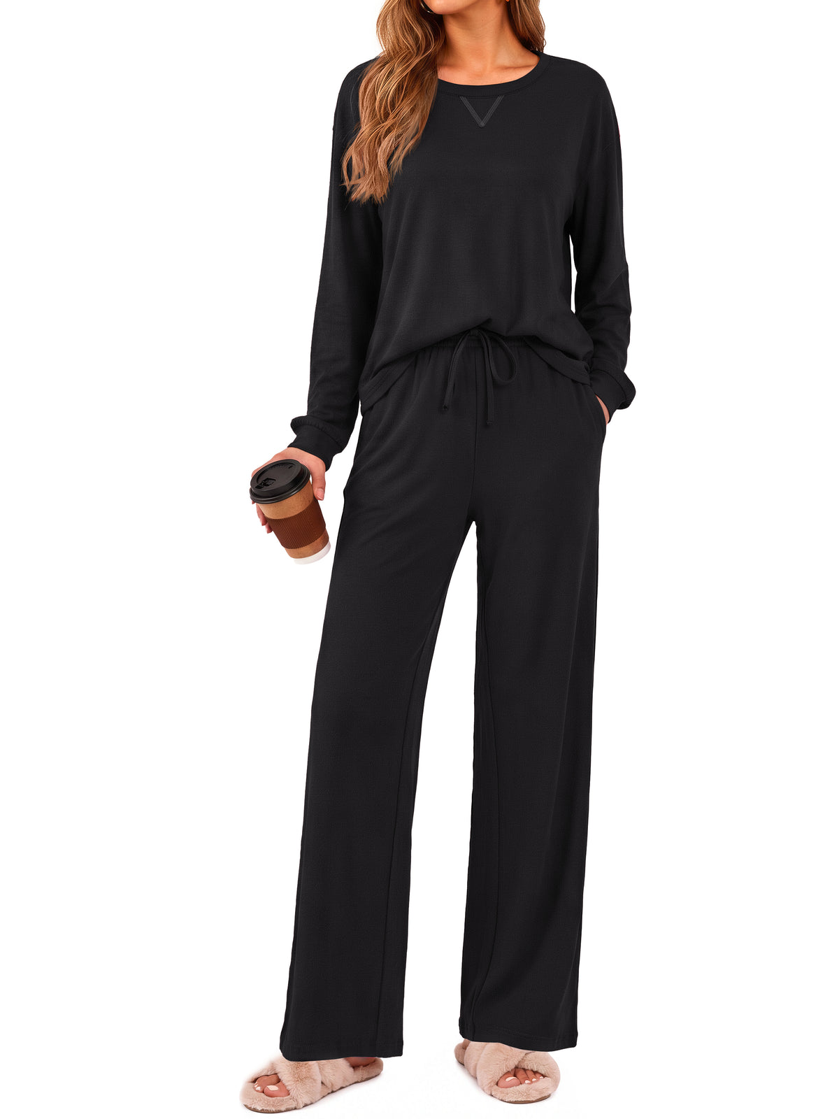 Weekease 2 Piece Pajama Set for Women Crew Neck Long Sleeve Tops Drawstring Pants Casual Sleepwear Fall Nightwear