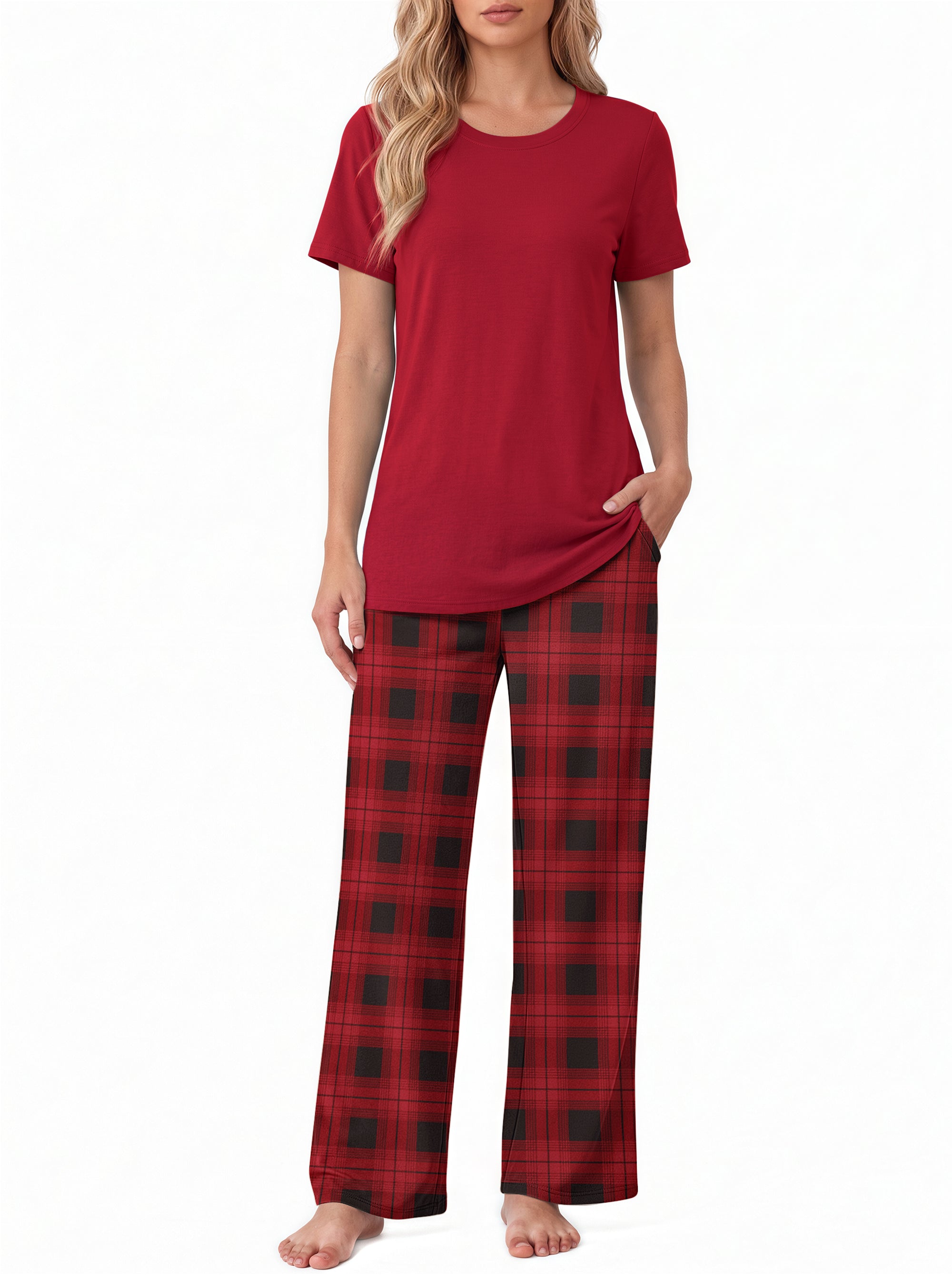 Weekease Two Piece Pajama Sets For Women Crew Neck Short Sleeve Tops And Printed Pant Casual sleepwear