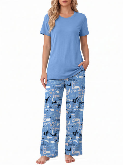 Weekease Two Piece Pajama Sets For Women Crew Neck Short Sleeve Tops And Printed Pant Casual sleepwear
