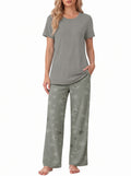 Weekease Two Piece Pajama Sets For Women Crew Neck Short Sleeve Tops And Printed Pant Casual sleepwear