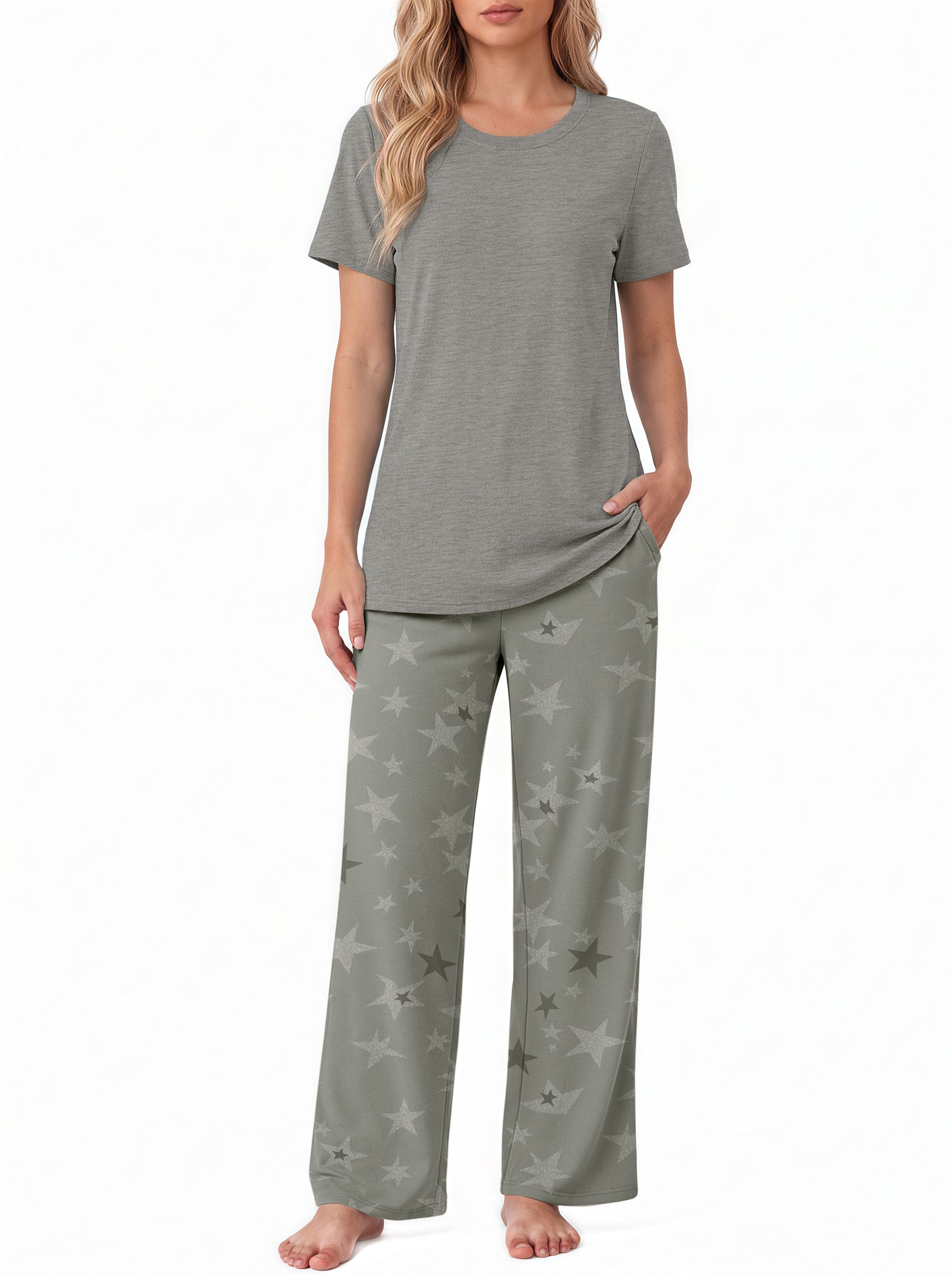 Weekease Two Piece Pajama Sets For Women Crew Neck Short Sleeve Tops And Printed Pant Casual sleepwear