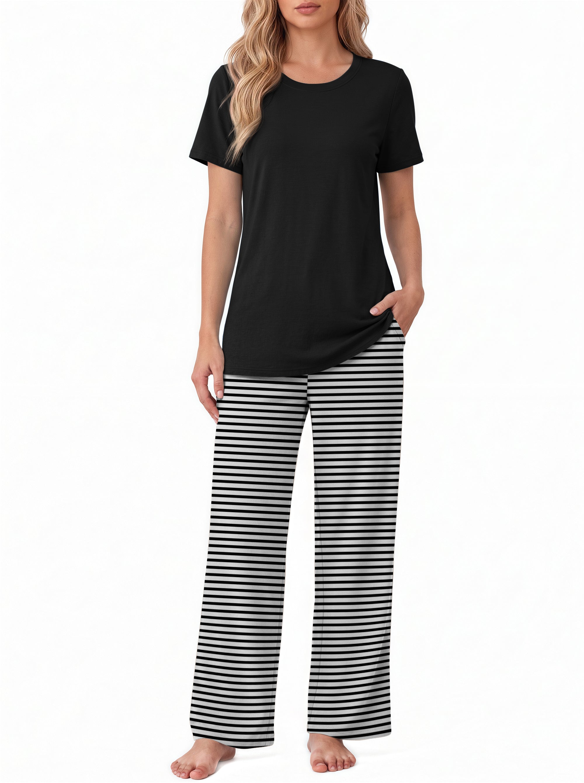 Weekease Two Piece Pajama Sets For Women Crew Neck Short Sleeve Tops And Printed Pant Casual sleepwear